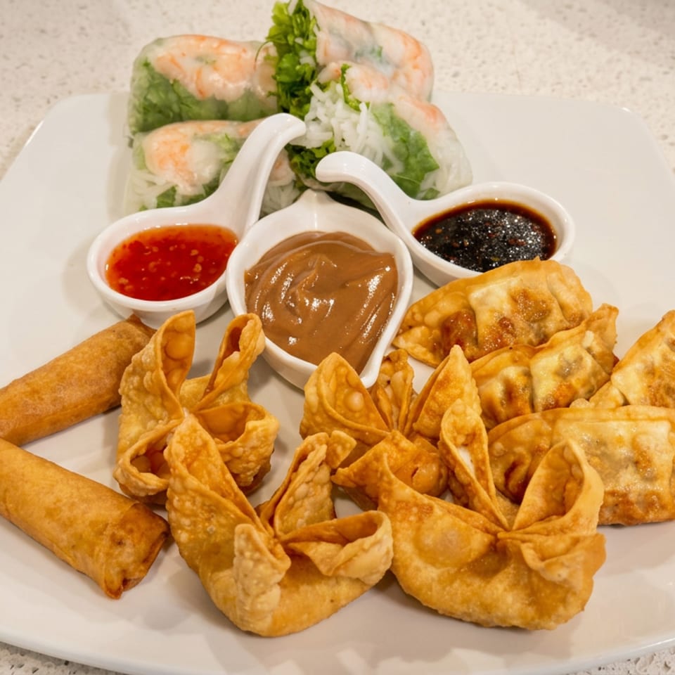 Assorted Asian appetizers with spring rolls, fried wontons, dumplings, shrimp summer rolls, and three dipping sauces on a white platter.