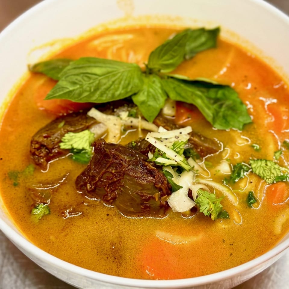 Bowl of vibrant orange curry soup topped with braised meat, fresh basil, cilantro, and shredded ginger.