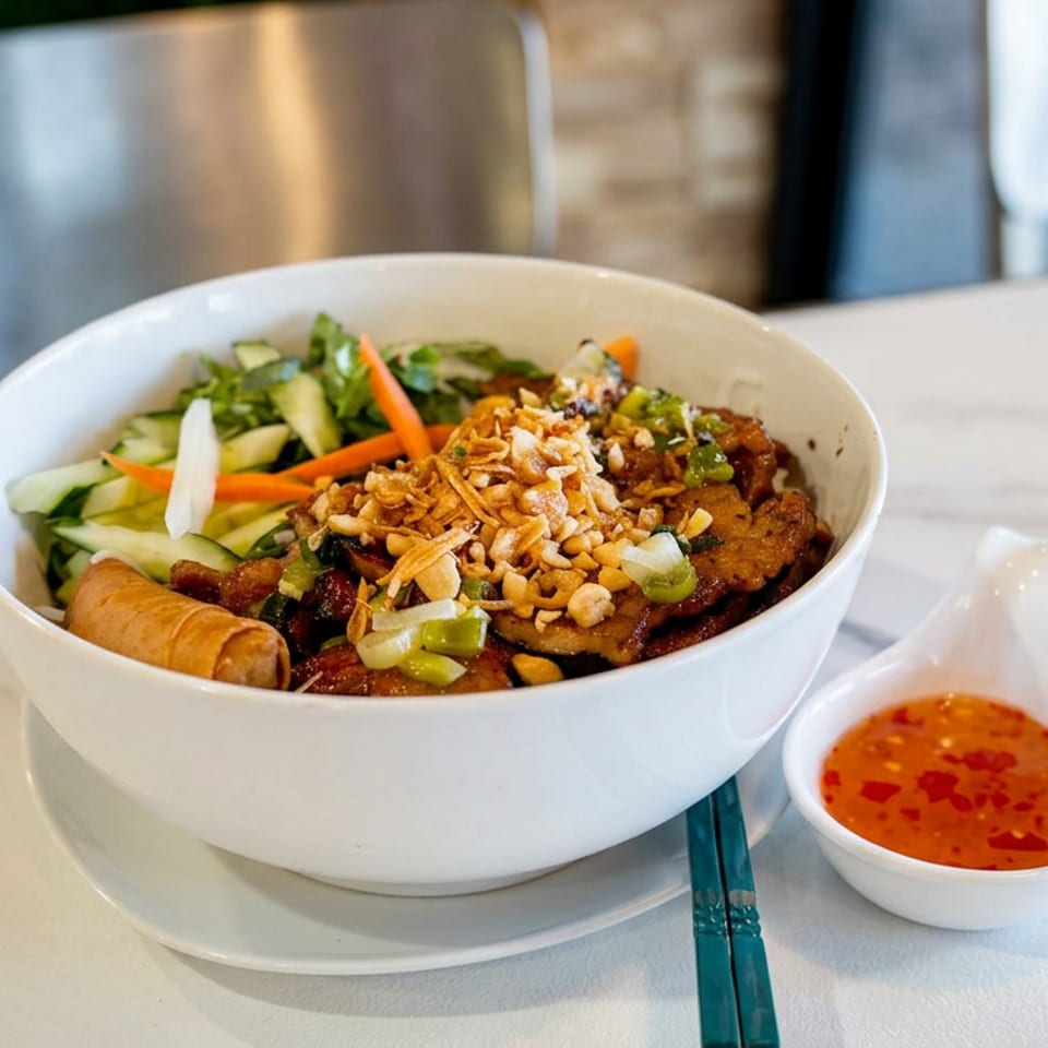 Vietnamese noodle bowl topped with grilled meat, spring rolls, vegetables, peanuts, and crispy onions, served with chili sauce.