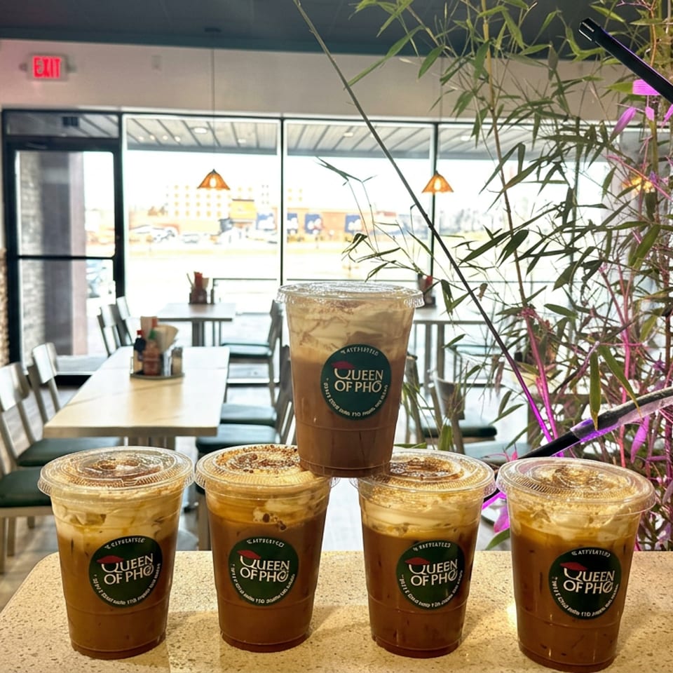 Four iced coffee drinks labeled Queen of Pho sit on a counter overlooking a bright, plant-filled restaurant dining area.