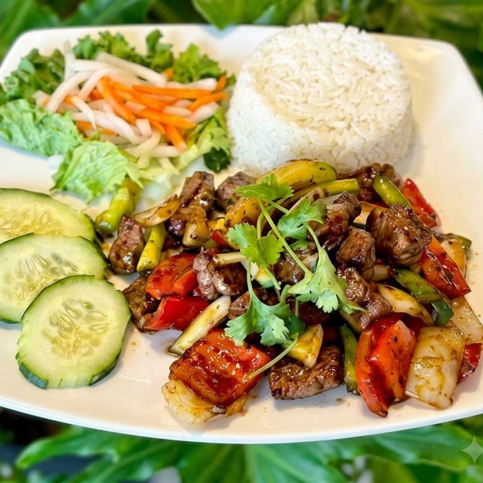 Plate of stir-fried beef and vegetables with white rice, cucumber slices, pickled vegetables, and cilantro garnish.